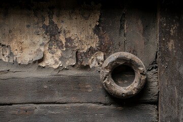 Weathered Dark Brown Wood Texture with Peeling Paint and Ring Detail