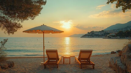 Two empty sunbeds under an umbrella on a sandy beach at sunset, a serene summer holiday.