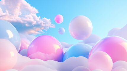 3D cloudscape cartoon dreamy cute clouds in sky pink blue gradient floating balloon balls over mountain hills abstract curve wallpaper fashion party music relaxing product display festive background