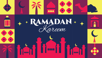 Fototapeta premium Ramadan Kareem seamless pattern in scandinavian style postcard flat geometric islamic ornament