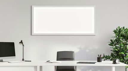 A white rectangular frame in a minimalist office, mounted above a clean desk with a monitor, notebook, HD 8K mockup wallpaper Photographic Image