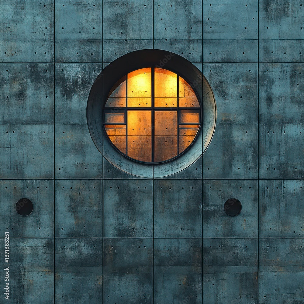 Aufkleber minimalist circular window in concrete room with soft diffused light and industrial design