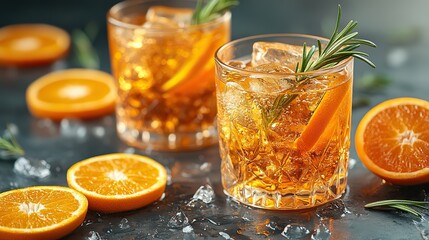 Two glasses of Aperol Spritz with orange and rosemary on orange with sliced oranges, a summer vibe.