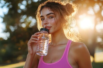 Young African American Woman Hydrating After Exercise in Park Listening to Music with Earphones on Sunny Day