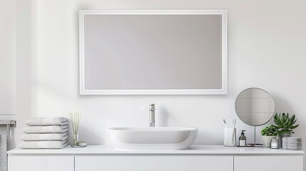 Fototapeta premium A white rectangular frame in a modern bathroom, hung above a sleek white sink, with a mirror, towels, and a small plant HD 8K mockup wallpaper Photographic Image
