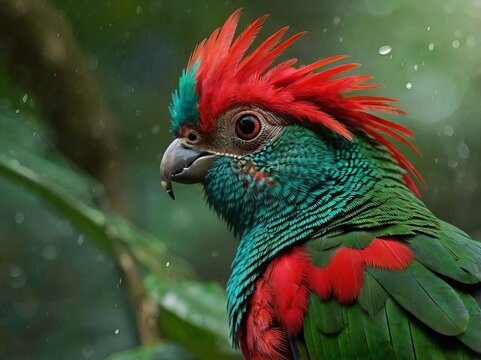 Resplendent Quetzal (Pharomachrus mocinno) &ndash; A bright green and red bird with long, flowing tail feathers, sacred to Mayan and Aztec cultures, found in Central American cloud forests.