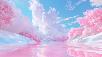 Fototapeta premium 3D cloudscape dreamy cute clouds in sky pink blue gradient floating balls on ocean water abstract curve colorful sunset wallpaper fashion party music relaxing product display romantic background