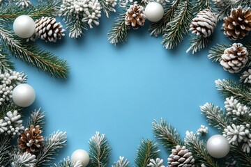 Winter Christmas Background with Snowy Pine Branches Pinecones White Baubles on Pastel Blue