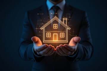 Businessman holding glowing house icon with futuristic design on dark background, symbolizing smart home technology, innovation and real estate concept. Ai generative