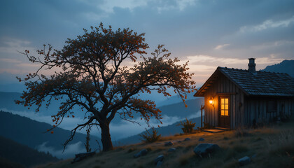 Mountain Cabin Serenity: A rustic cabin nestled atop a misty mountain, its warm interior light contrasting with the cool blues of the twilight sky, evoking feelings of peace and isolation.