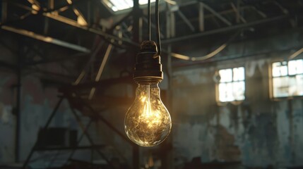 Vintage light bulb glowing in a dark, abandoned industrial space