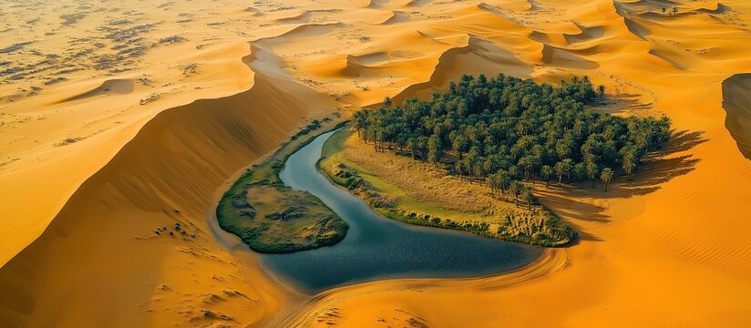 Aerial view of golden desert dunes transitioning to emerald palm oasis with infrared-enhanced contrast, ideal for sustainable tourism campaigns and environmental documentaries.