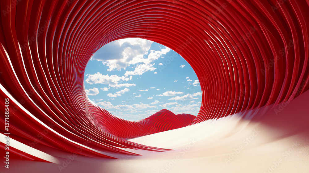 Wall mural 3d beautiful geometric wavy curve lines abstract designed architecture with cloud sky relaxing deser