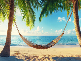 Beach Hammock Relaxation – A Peaceful Scene of a Hammock Swaying by the Ocean