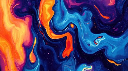Fototapeta premium Vivid Abstract Swirls of Blue, Orange, and Purple Colors in Fluid Art