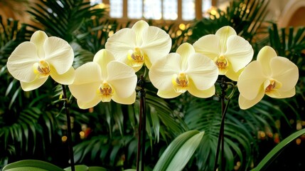 Fototapeta premium Beautiful Yellow Orchid Blooms Amidst Lush Green Foliage in Soft Focus Background