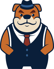 A cartoon illustration of a bulldog wearing a hat with a distinct mascot design