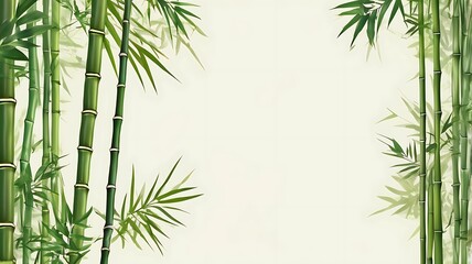 Green bamboo stems and leaves isolated on white background. Watercolor hand drawn botanical illustration with space for text. Watercolor card background.