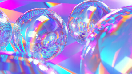3D beautiful geometry floating glass glossy bubbles fun wallpaper. cosmetics spa salon technology science concept purple blue cool disco rainbow ball background