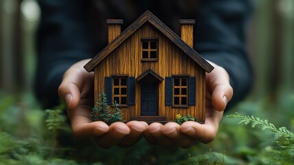 Two hands gently cradle a small wooden house model symbolizing homeownership, property investment, mortgage protection, and securing one's financial future.