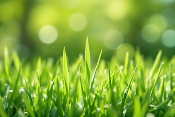 Obraz premium Lush green grass blades with sunlight and soft bokeh background, natural style, defocused backdrop, concept of freshness and growth. Ai generative