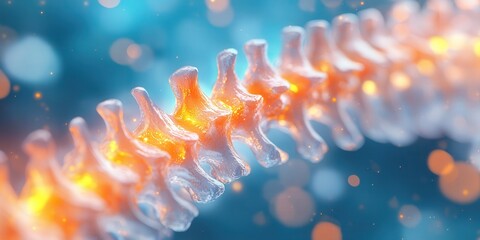 Abstract depiction of a glowing translucent spine, accented by bright orange highlights against a blue bokeh background.