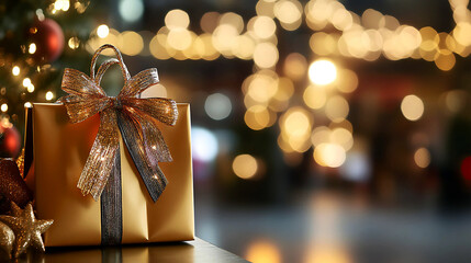 Gifts with soft bokeh effects, warm tones like amber and gold, create a night shopping atmosphere.