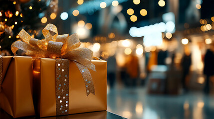 Gifts with soft bokeh effects, warm tones like amber and gold, create a night shopping atmosphere.