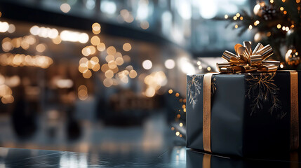 Gifts with soft bokeh effects, warm tones like amber and gold, create a night shopping atmosphere.