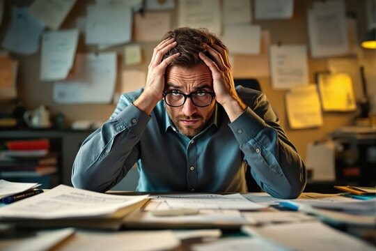 Stressed man holding head in busy office with papers scattered on desk, creative photo style, warm indoor background, concept of work pressure. Ai generative