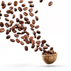 Obraz premium Coffee beans falling in the air isolated on a white background. Coffee beans flying.