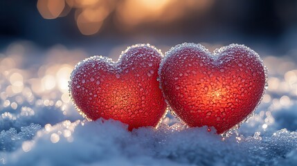 Obraz premium Two shiny red hearts nestled on sparkling snow create a romantic scene perfect for Valentine's Day or a winter wedding.