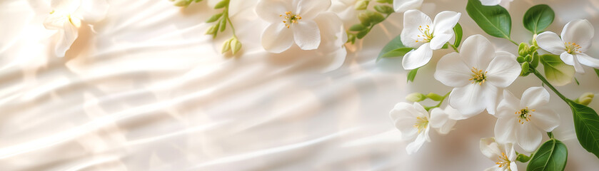 Obraz premium White jasmine flowers with green leaves and buds over a smooth satin-like ivory background, radiating a sense of freshness and delicacy. Concept of purity, nature, softness, and cultural celebration.