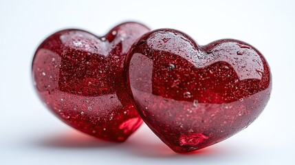 Fototapeta premium Two shiny red hearts rest on a white background, creating a romantic atmosphere for Valentine's, Women's Day, or any love celebration.