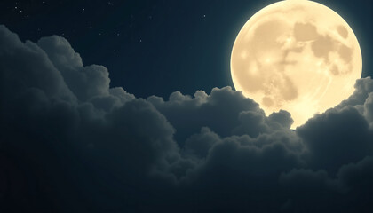 Celestial Embrace: A serene scene of a glowing full moon, gently veiled by soft, billowy clouds, creating a tranquil and mystical ambiance.