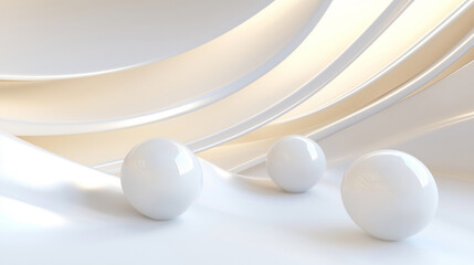3D beautiful geometric silver metal wavy curve lines white ball flow abstract architecture relaxing space scene. spa salon technology fashion style minimalism curved product display show background