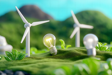 Landscape with Turbine Green Energy Electricity, Windmill for electric power production, Wind turbines generating electricity on green field ,environment, green energy, generate by .AI