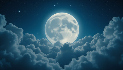 Celestial Serenity: A captivating night scene unfolds, with a majestic full moon dominating the sky, surrounded by fluffy, ethereal clouds, speckled with twinkling stars.