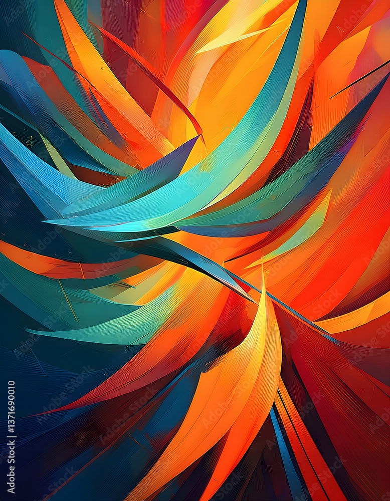 Poster a vibrant abstract composition featuring flowing shapes in shades of blue, orange, and red, creating