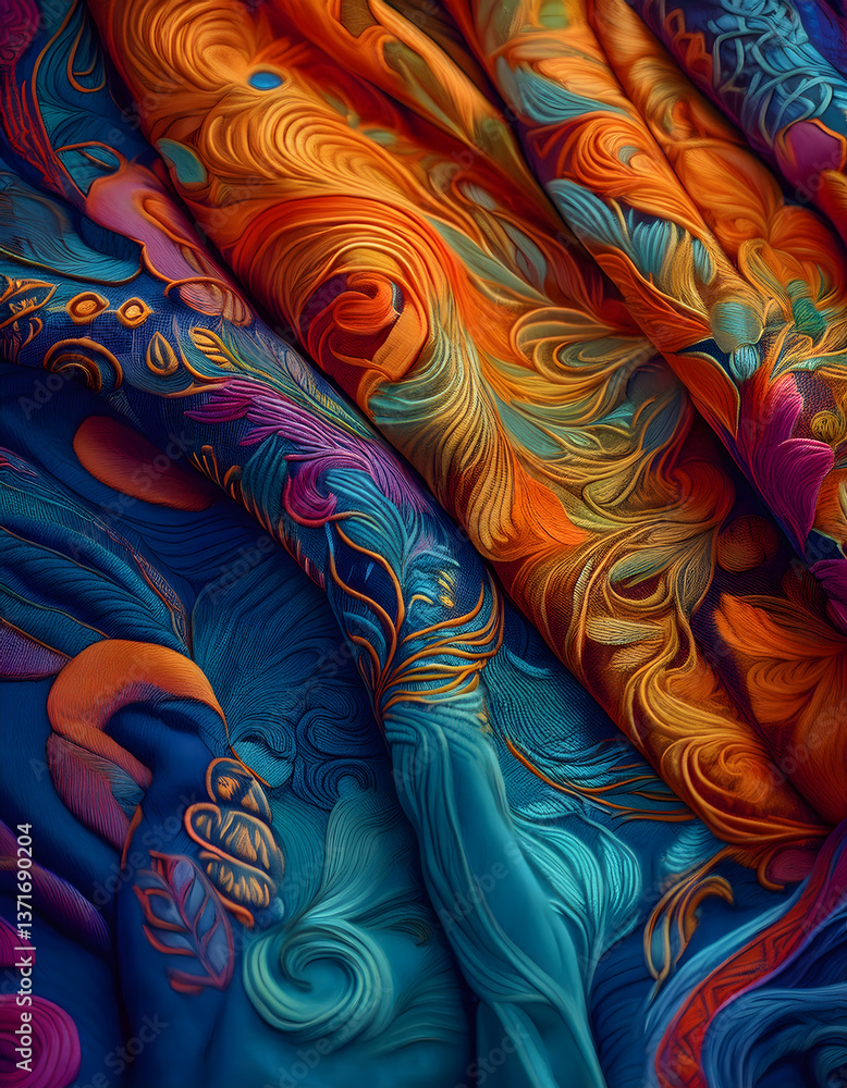 Poster vibrant, swirling patterns of fabric showcase an intricate blend of colors, creating a visually stun