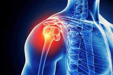 A 3D visual representation of a person with a glowing blue shoulder indicating discomfort.