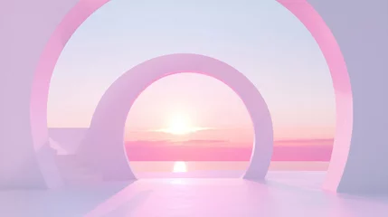 3D retro sunset scene circle sphere round arch stage ahead ocean sundown with gradient orange pink romantic geometric meditation summer background 