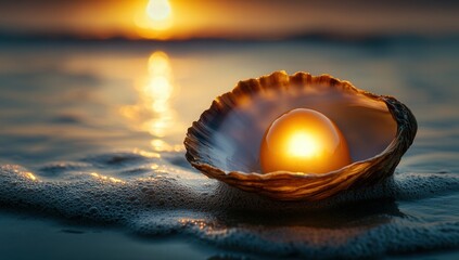 Sunset reflection inside a seashell with a glowing pearl on the shore.