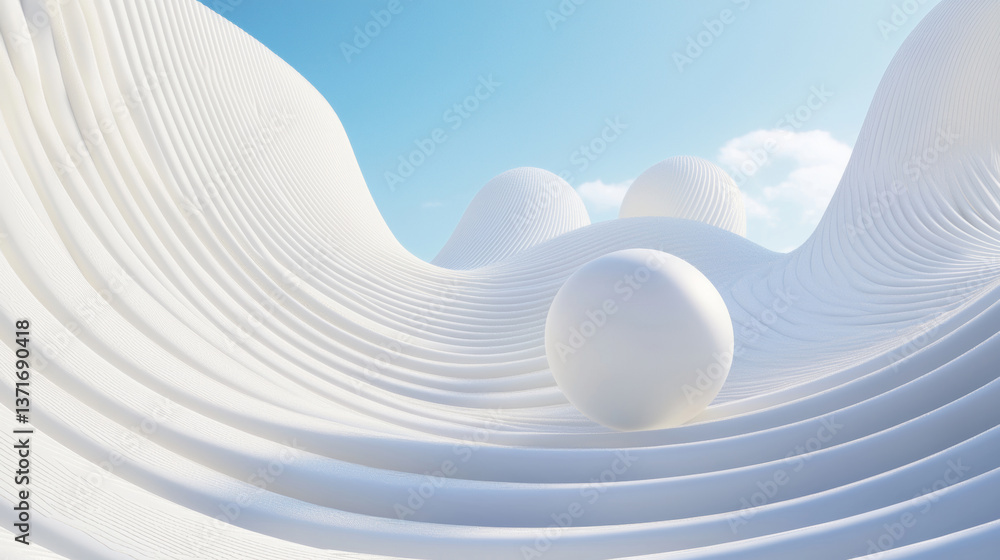 Wall mural 3d beautiful geometric wavy curve lines white ball flow abstract architecture relaxing space scene. 