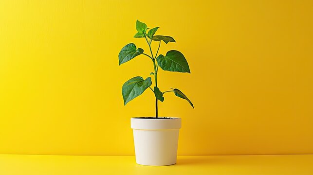 Fototapeta Young pepper plant growing in white pot against yellow background. Ideal for gardening blogs or spring themes
