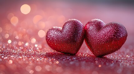Fototapeta premium Two textured red hearts lie on a pink surface casting shadows under sparkling glitter, ideal for Valentine's or a declaration of love.