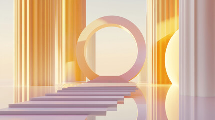 Obraz premium 3D golden geometry sphere arch over stair podium stage festival shopping product display platform background for commercial business finance wealth show geometric retro ancient abstract palace