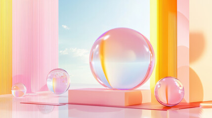 3D beautiful geometric crystal balls column tubes objects setting in neon lights sky cyber space pink yellow blue transparent romantic background. virtual reality cyber space solarpunk wallpaper