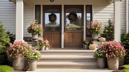 Welcoming front porch with flowers steps.generative.ai