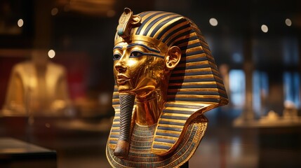 Golden Pharaoh Bust Displayed in an Elegant Museum Environment